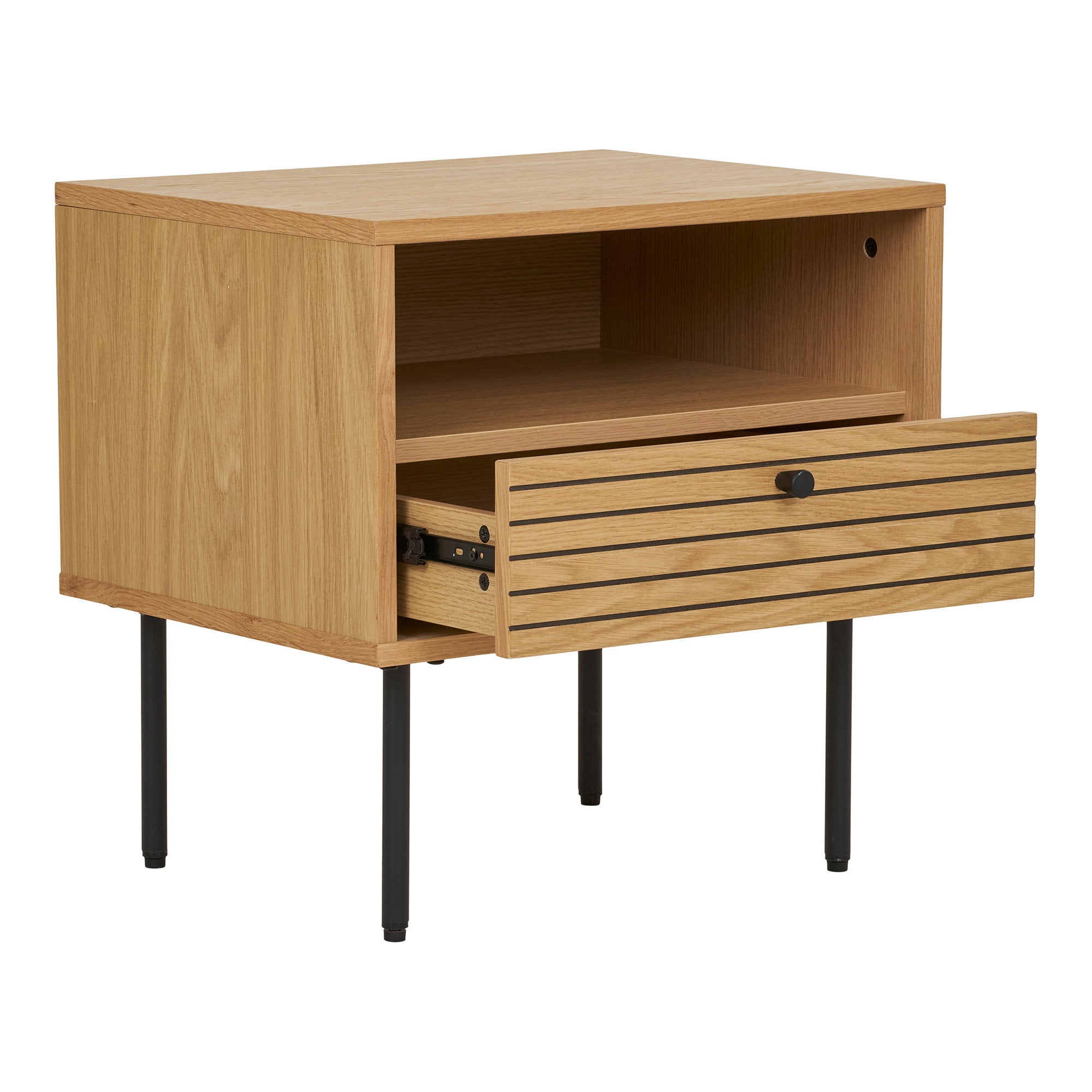 Kyoto Side Table - Side Table, 1 drawer, oak veneer, natural, black metal legs 50x40x50 cm