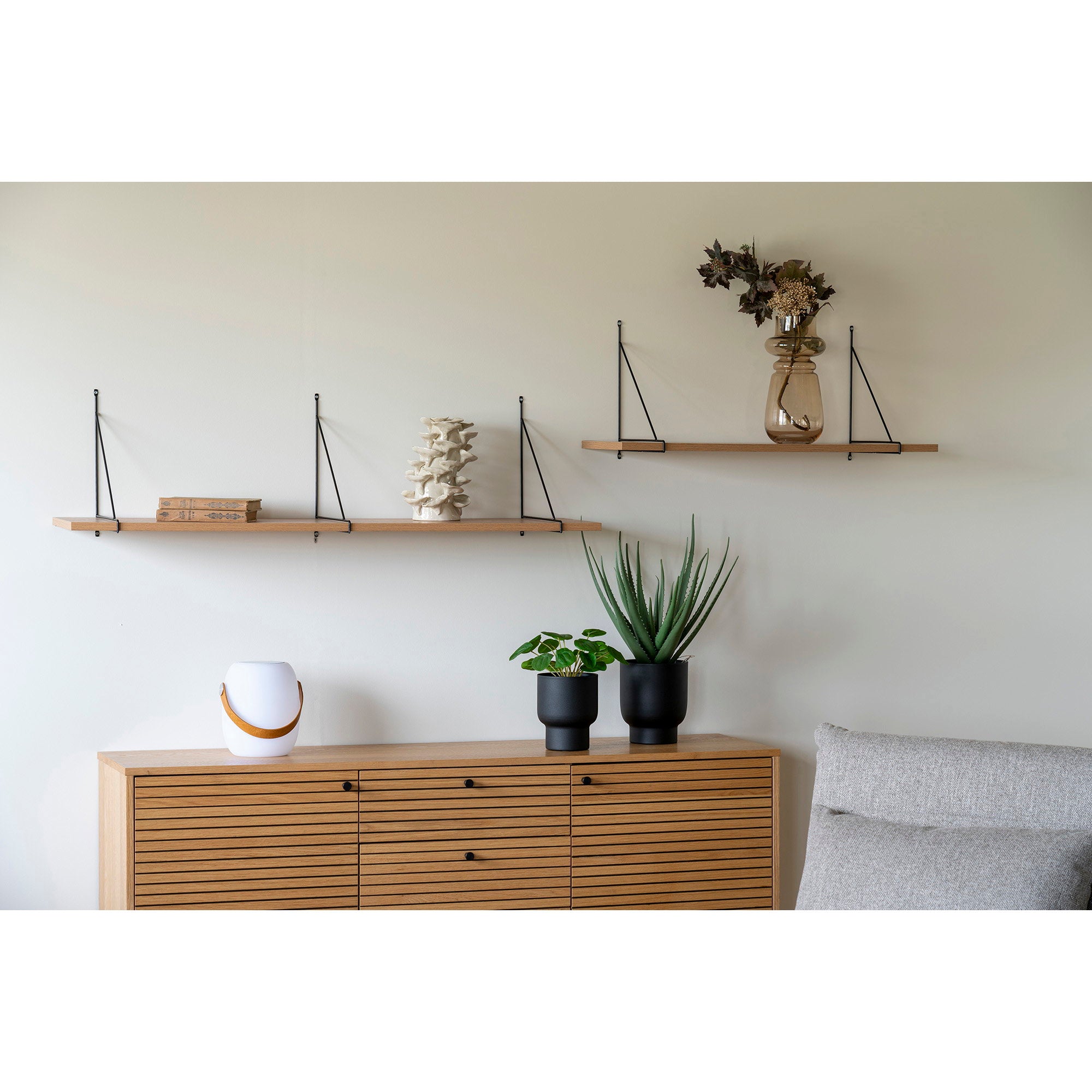Chiba Wall Shelf - Wall Shelf, ash veneer, black steel frame 120x29 cm