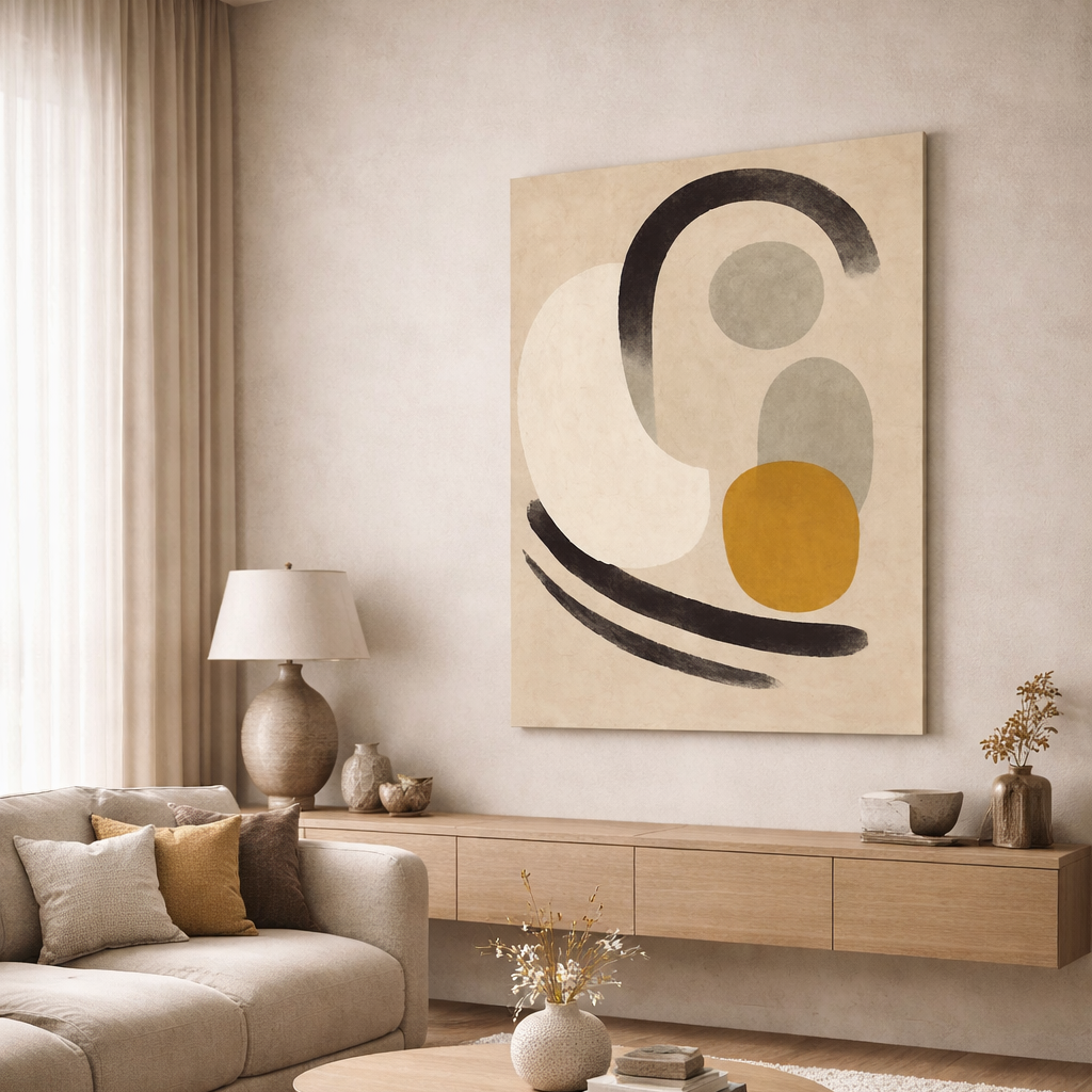 Modern living room with a beige sofa, wooden coffee table, and abstract art on the wall.