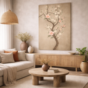 Living room with beige sofa, wooden coffee table, and floral wall art.