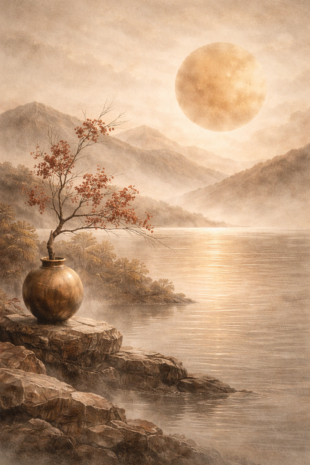 Japans landschap met bloesem en zonlicht - classic art
