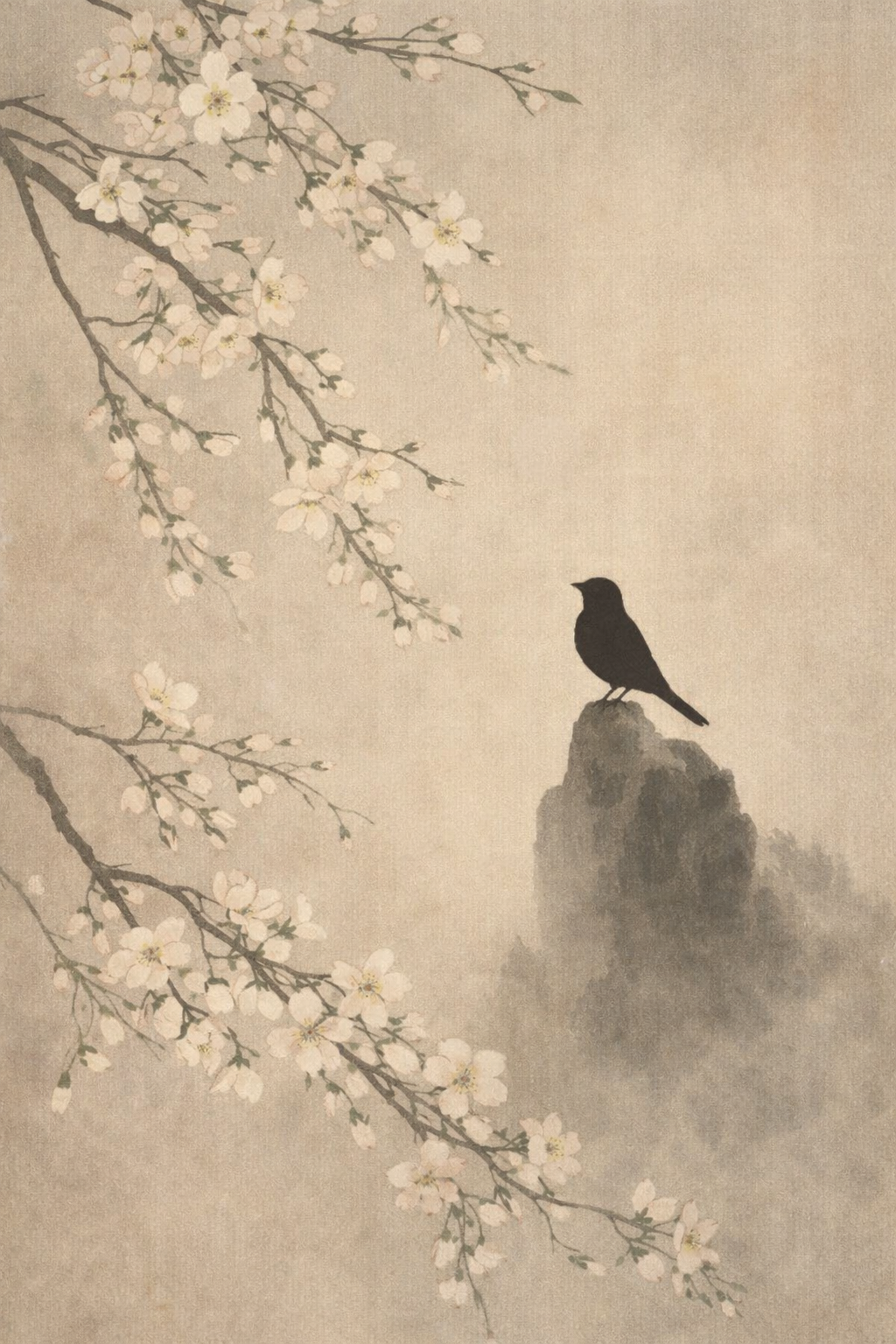 Kersenbloesems en een vogel op rots - classic art